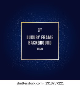 Luxury gold square frame with shiny golden glitter textured decoration design on dark blue background. Festive border. Vector illustration
