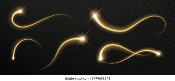 Luxury gold star trails with luminous swirl curves and shimmering. Realistic glowing magic effects isolated for festive graphics