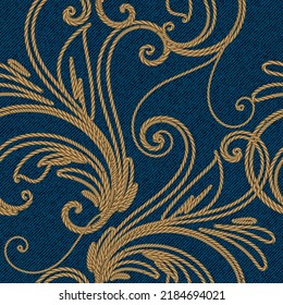 Luxury gold string floral 3d seamless pattern. Textured denim jeans background. Tapestry repeat vector backdrop. Vintage swirls lines flowers embroidery ornament on jeans material. Endless texture.