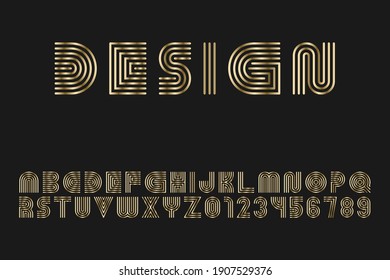 Luxury gold striped font - vector design. English alphabet - creative linear latin letters and numerals.