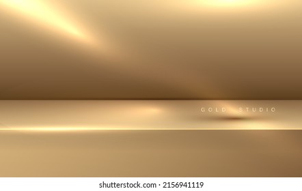 Luxury Gold Studio Podium Display Empty Room With Spotlight Use For Show Product. Vector Stage For Displaying A Cosmetic Products.