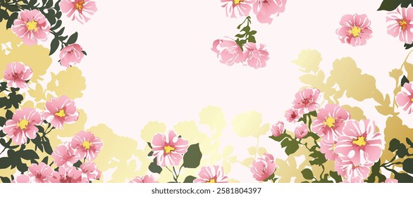 Luxury gold summer and spring flower background vector. Natural botanical elegant with cherry blossom, leaves branch. Design illustration for decoration, wall decor, wallpaper, cover, banner.