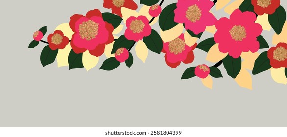 Luxury gold summer and spring flower background vector. Natural botanical elegant with red magnolia blossom, leaves branch. Design illustration for decoration, wall decor, wallpaper, cover, banner.