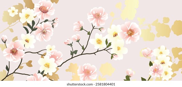 Luxury gold summer and spring flower background vector. Natural botanical elegant with cherry blossom, leaves branch. Design illustration for decoration, wall decor, wallpaper, cover, banner.