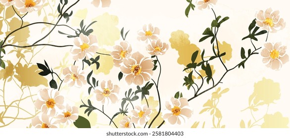 Luxury gold summer and spring flower background vector. Natural botanical elegant with cherry blossom, leaves branch. Design illustration for decoration, wall decor, wallpaper, cover, banner.