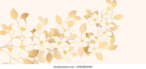 Luxury gold summer and spring flower background vector. Natural botanical elegant with cherry blossom, leaves branch. Design illustration for decoration, wall decor, wallpaper, cover, banner.