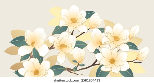 Luxury gold summer and spring flower background vector. Natural botanical elegant with white magnolia blossom, leaves branch. Design illustration for decoration, wall decor, wallpaper, cover, banner.