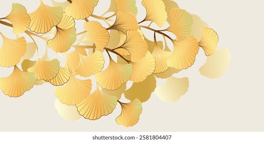 Luxury gold summer and spring foliage background vector. Natural botanical elegant with ginkgo leaf. Design illustration for decoration, wall decor, wallpaper, cover, banner.