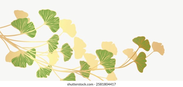 Luxury gold summer and spring foliage background vector. Natural botanical elegant with ginkgo leaf. Design illustration for decoration, wall decor, wallpaper, cover, banner.