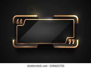 Luxury gold text quote symbol frame. Glossy black volume template with golden line edge trim and flares. Black background mockup vector illustration design