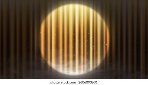 Luxury gold theater curtain vector illustration. Realistic silk drape with glowing spotlights, sparkles and haze. Perfect for stage backgrounds, award ceremonies or elegant event designs.