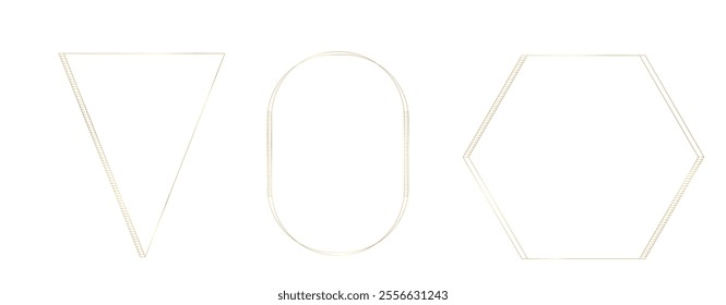 Luxury gold thin geometric frame collection. Hexagon, triangle, oval elegant border with decorative elements for certificate, wedding invitation, greeting card, poster. Vector illustration