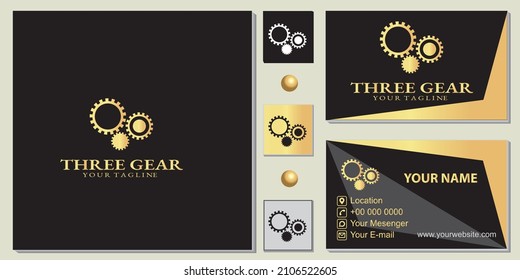 luxury gold three gear logo premium template with elegant business card vector eps 10