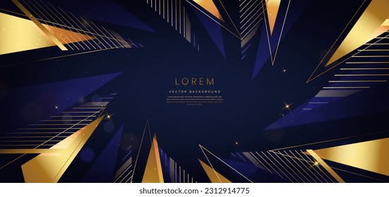 Luxury gold triangle elegant blue on dark blue background with golden lines and light effect and bokeh with copy space for text. Template award design. Vector illustration