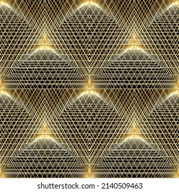 Luxury gold triangle seamless pattern on the black background. Vector illustration.