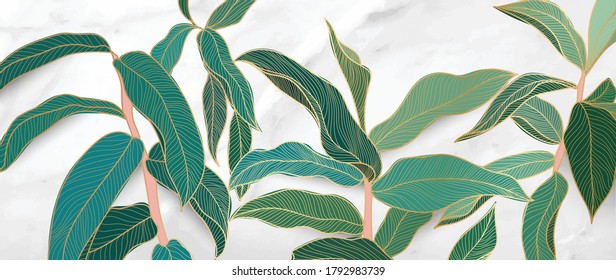 Luxury gold tropical leaf and nature line art ink drawing with white marble background vector. Leaves and Floral pattern vector illustration.