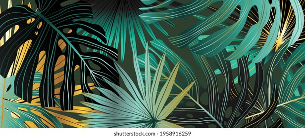 Luxury gold tropical leaves background vector. Wallpaper design with golden line art texture from palm leaves, Jungle leaves, monstera leaf, exotic botanical floral pattern.