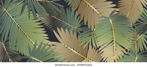 Luxury gold tropical leaves background vector. Wallpaper design with golden line art texture from palm leaves, Jungle leaves, monstera leaf, exotic botanical floral pattern.