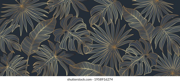 Luxury gold tropical leaves background vector. Wallpaper design with golden line art texture from palm leaves, Jungle leaves, monstera leaf, exotic botanical floral pattern.