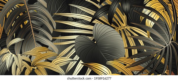 Luxury Gold Tropical Leaves Background Vector. Wallpaper Design With Golden Line Art Texture From Palm Leaves, Jungle Leaves, Monstera Leaf, Exotic Botanical Floral Pattern.