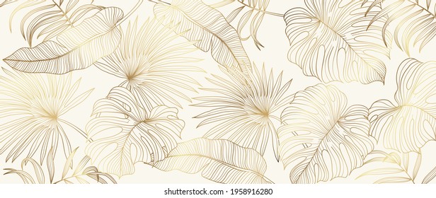 Luxury Gold Tropical Leaves Background Vector. Wallpaper Design With Golden Line Art Texture From Palm Leaves, Jungle Leaves, Monstera Leaf, Exotic Botanical Floral Pattern.