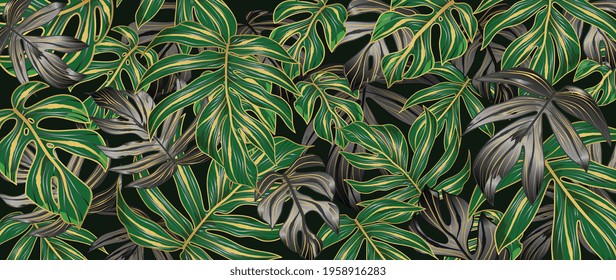 Luxury gold tropical leaves background vector. Wallpaper design with golden line art texture from palm leaves, Jungle leaves, monstera leaf, exotic botanical floral pattern.