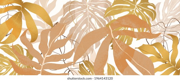 Luxury gold tropical leaves background vector. Wallpaper design with golden line art texture from palm leaves, Jungle leaves, monstera leaf, exotic botanical floral pattern.