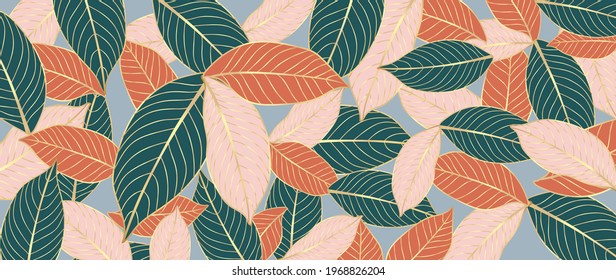 Luxury gold tropical leaves background vector. Wallpaper design with golden line art pattern of leaves, Jungle leaves, exotic botanical floral leaf pattern.