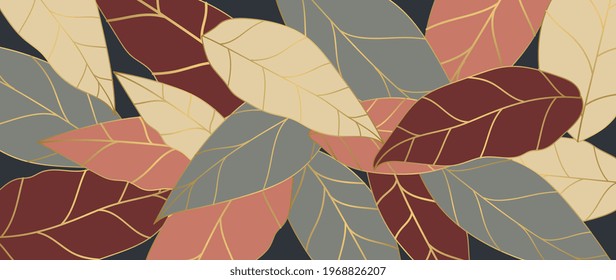 Luxury gold tropical leaves background vector. Wallpaper design with golden line art pattern of leaves, Jungle leaves, exotic botanical floral leaf pattern.