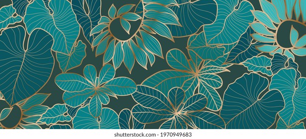 Luxury gold tropical leaves background vector. Wallpaper design with golden line art texture from palm leaves, Jungle leaves, monstera leaf, exotic botanical floral pattern.