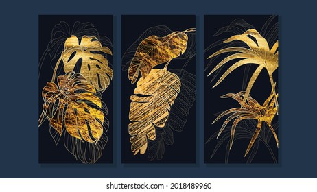 Luxury Gold Tropical leaves background vector. Contemporary botanical prints wall art.Canvas frame design for prints , wallpaper, cover, banner and home decor.
