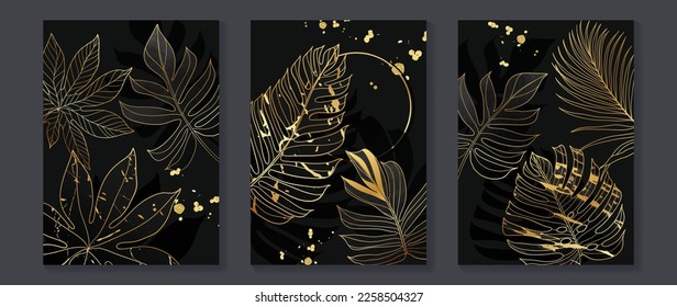 Juego de vectores de arte mural de hojas tropicales de oro de lujo. Arte botánico de línea dorada de hojas de palma de selva exótica con textura de lámina brillante brillando sobre fondo negro. Diseño para la decoración en casa, spa, cubierta.