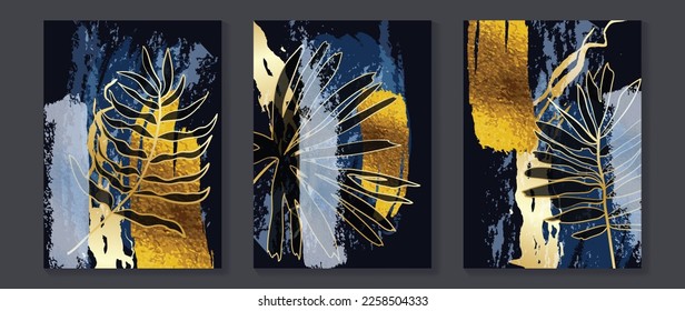 Luxury gold tropical leaves wall art vector set. Botanical exotic jungle palm foliage gold line art, watercolor and foil texture painting on dark background. Design for home decoration, spa, cover.