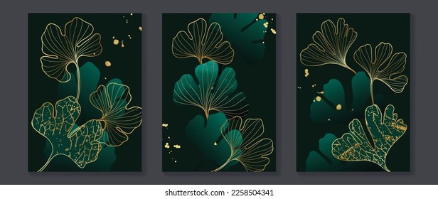 Luxury gold tropical leaves wall art vector set. Botanical ginkgo foliage gold line art with grunge and glittering foil texture shine on black background. Design for home decoration, spa, cover.