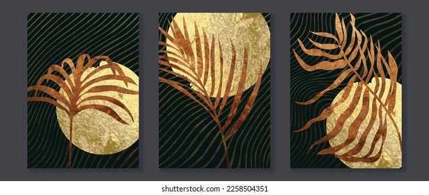 Luxury gold tropical leaves wall art vector set. Botanical exotic jungle palm foliage watercolor, line art, golden foil texture, shiny geometric circle shape. Design for home decoration, spa, cover.