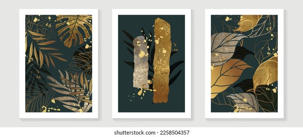 Luxury gold tropical leaves wall art vector set. Botanical exotic jungle plants, palm foliage gold line art with watercolor, brush stroke, foil texture. Design for home decoration, spa, cover, print.