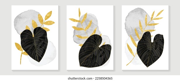 Luxury gold tropical leaves wall art vector set. Botanical exotic jungle foliage, natural palm leaves, golden line art and watercolor texture background. Design for home decoration, spa, cover.