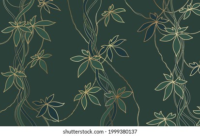 Luxury gold tropical vintage floral pattern with lianas, jungle tropical leaves golden line art design for packaging background