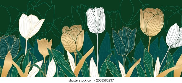 luxury gold tulip line art background vector.  Flower boho style for textiles, wall art, fabric, wedding invitation, cover design Vector illustration.