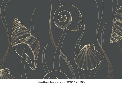 Luxuriöser goldener Hintergrund für Unterwasserpflanzen. Blumenmuster auf grauem Hintergrund mit goldener Leinenschale, Meeresmuscheln und abstrakte Blätter, Vektorgrafik.