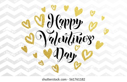 Luxury gold Valentine Day text lettering and golden hearts on zig zag wavy pattern for white greeting card.