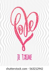 Luxury gold Valentine heart love French text lettering on golden wavy pattern for white greeting card.