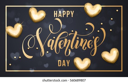 Luxury gold Valentines Day text lettering with golden metal hearts and foil border frame for premium black greeting card.
