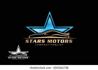 diseño del logotipo de los coches vectores de oro de lujo y estrellas para empresas relacionadas con la industria automotriz, icono web, revisión de automóviles, diseño del logotipo de tecnología y transporte