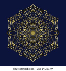 Luxury Gold Vector Mandala Art on Deep Blue Background, Intricate Boho and Meditation Design