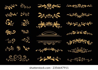 Luxury gold Vintage decorative ornament design elements set vector illustration. Labels and badges, retro ribbons, luxury fancy logo symbols, elegant calligraphic swirls, flourishes ornate vignettes.