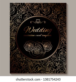 Luxury gold vintage wedding invitation, floral background with place for text, lacy foliage made of roses with golden shiny gradient. Victorian wallpaper ornaments, baroque style template for design.