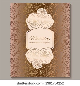 Luxury gold vintage wedding invitation, floral background with place for text, lacy foliage made of roses with golden shiny gradient. Victorian wallpaper ornaments, baroque style template for design.