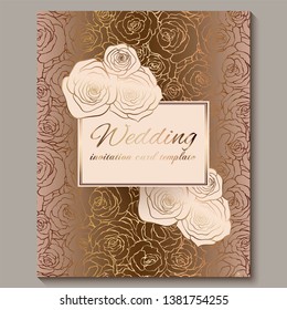 Luxury gold vintage wedding invitation, floral background with place for text, lacy foliage made of roses with golden shiny gradient. Victorian wallpaper ornaments, baroque style template for design.