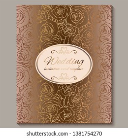Luxury gold vintage wedding invitation, floral background with place for text, lacy foliage made of roses with golden shiny gradient. Victorian wallpaper ornaments, baroque style template for design.